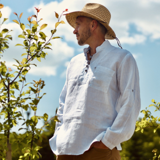 Lněná košile s poutky - modrý proužek